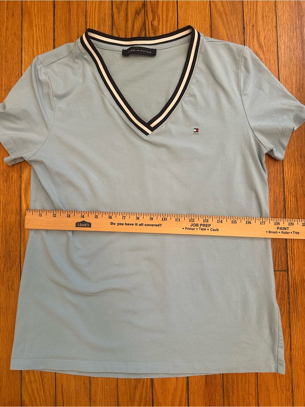 Tommy Hilfiger Blue V Neck T Shirt Striped Trim Preppy Logo Cotton Tee 1124 - Picture 4 of 7